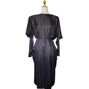 Vintage Lauren Alexandra 100% Silk Dress Black Jacquard Open Back Dolman Sleeve